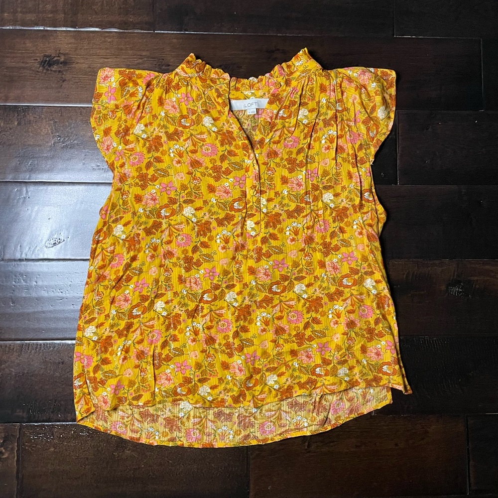 LOFT Mustard Yellow Floral Ruffle Blouse